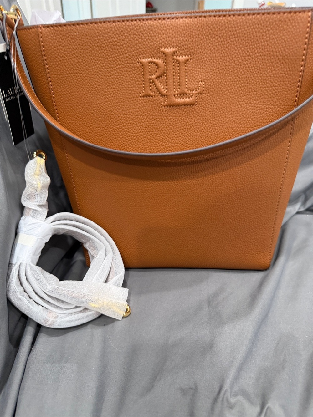 Ralph Lauren Cognac Pebbled Leather Bucket Tote with RL Monogram